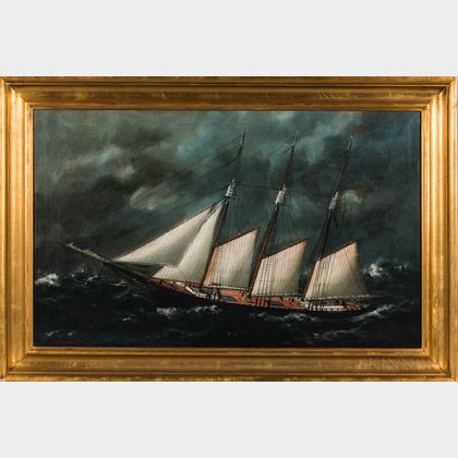William Pierce Stubbs (Maine/Massachusetts, 1842-1909) Portrait of a Three-masted Vessel in High Seas