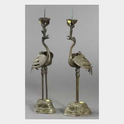 Pair of Chinese Bronze Heron-form Pricket Candlesticks