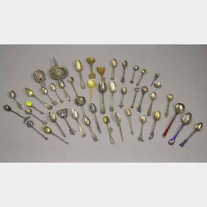 Collection of Approximately Forty-three Sterling Silver and Metal Souvenir and Demitasse Spoons