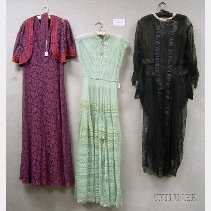 Seven 1920s-30s Net Lace Dresses. 