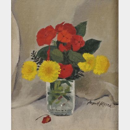 August Mosca (American, 1909-2002) Still Life with Geraniums and Marigolds.