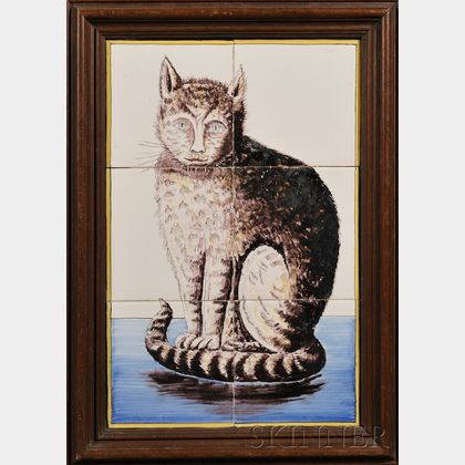 Six Tile Dutch Delft Cat Portrait