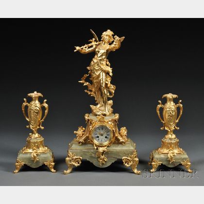Three-Piece Louis XV Style Gilt metal and Green Onyx Garniture Set