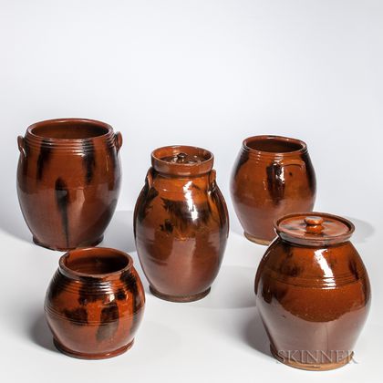 Five Manganese-decorated Ovoid New England Redware Jars