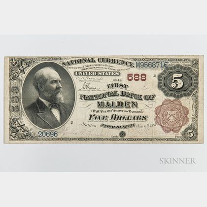 1882 The First National Bank of Malden Brown Back $5 Note