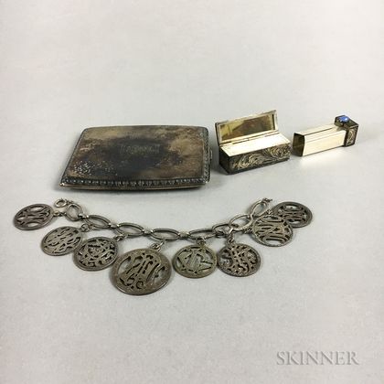 Sterling Silver Cigarette Case, Bracelet, and Lipstick Compact