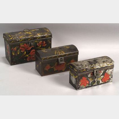 Three Small Paint Decorated Tinware Dome-top Trunks