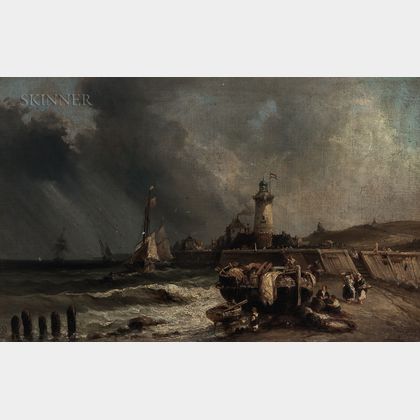 School of Hermanus Koekkoek Jr. (Dutch, 1836-1909) Coastal Scene with Lighthouse and Beached Vessel