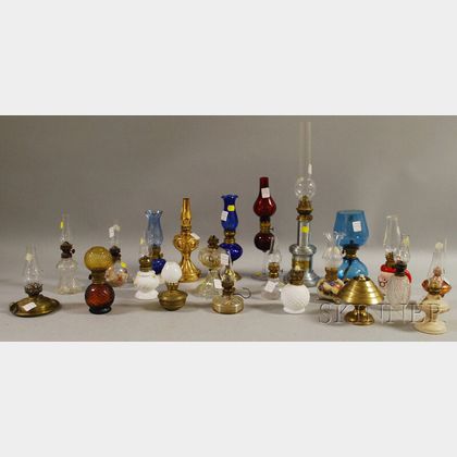 Twenty-two Mostly Late Victorian Small Oil Lamps and Four Metal Kerosene Table Lamps