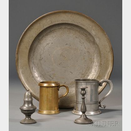 Four Pewter Items and a Half-pint Brass Measure