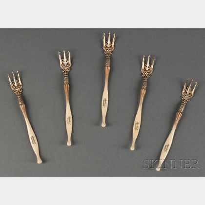 Ten Whiting Manufacturing Co. Ivory Pattern Sterling Silver Oyster Forks,D New York, c. 1890, each with gold-washed tines with reti... 