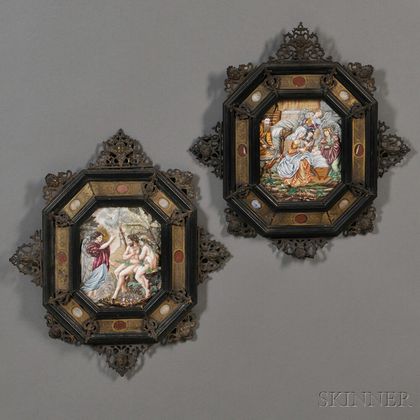 Pair of Framed Capo-di-Monte-style Porcelain Plaques