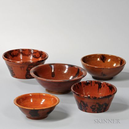 Five Manganese-decorated Redware Bowls