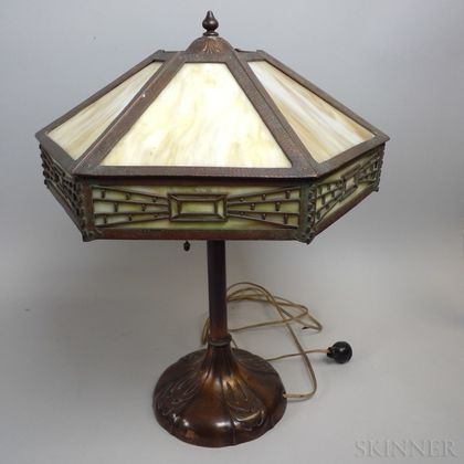 Arts and Crafts Bronzed Metal and Slag Glass Table Lamp