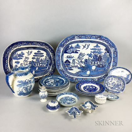 Twenty-seven Pieces of Staffordshire "Blue Willow" Transfer-decorated Tableware. Estimate $200-250