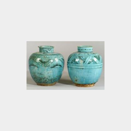 Two Hispano-Moresque Turquoise Glazed Urns