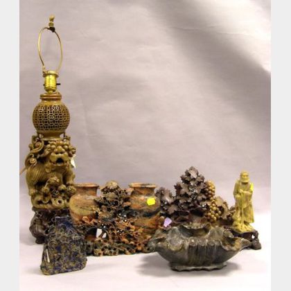 Chinese Carved Soapstone Table Lamp, Figure, Bowl, Ornament and Two Vases. 