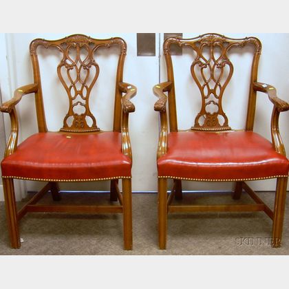 Pair of Chippendale-style Red Leather Upholstered Carved Cherry Armchairs. 