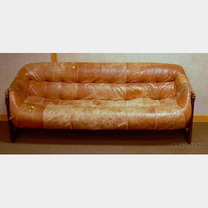 Modern Brown Leather Upholstered Sofa with Rosewood-finish Frame. 