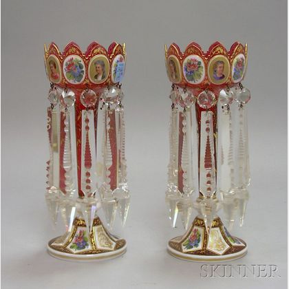 Pair of Bohemian Gilt and Enamel Portrait and Floral Decorated White Cut to Cranberry Glass Lustres with Prisms