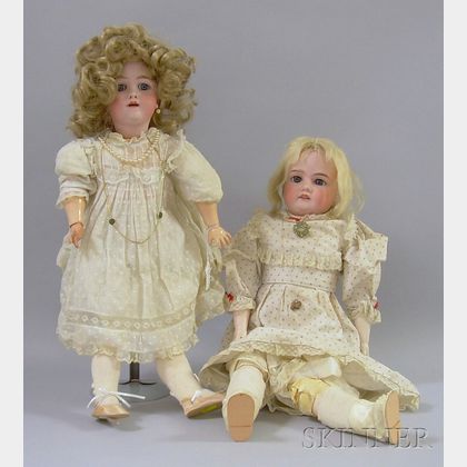 Two Blonde Bisque Head Dolls in White Dresses