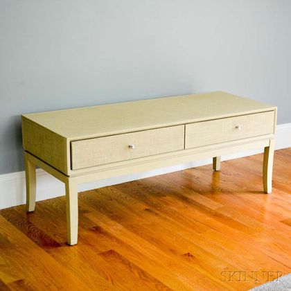 Ivory Linen-wrapped Cocktail Table with Two Drawers