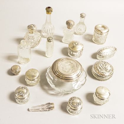 Sixteen Sterling-mounted Cut and Pressed Glass Perfumes and Dresser Boxes.