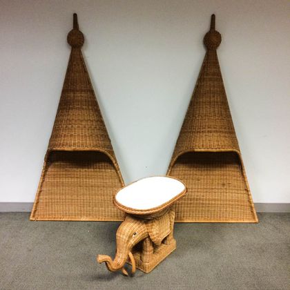 Pair of "Serenade" Headboards and an Elephant Table in Natural Wicker