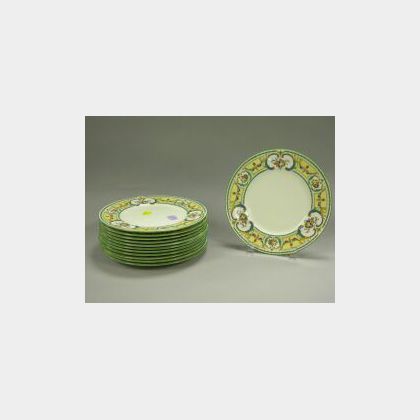 Set of Twelve Cauldon Enamel Decorated Porcelain Luncheon Plates