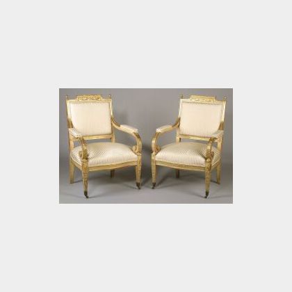 Pair of Louis XVI Style Giltwood Open Armchairs