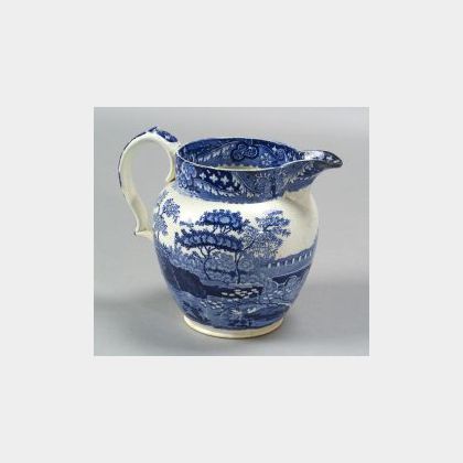 Blue and White Transfer Decorated Staffordshire Pottery Pitcher