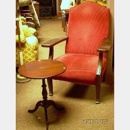 Upholstered Oak Armchair and a Small Inlaid Mahogany Tilt-top Candlestand. 