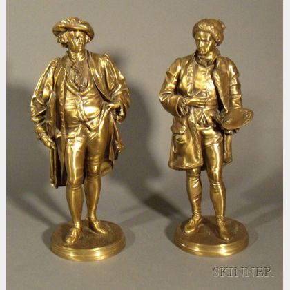 Pair of Bronze Allegorical Figures on Pedestal Bases