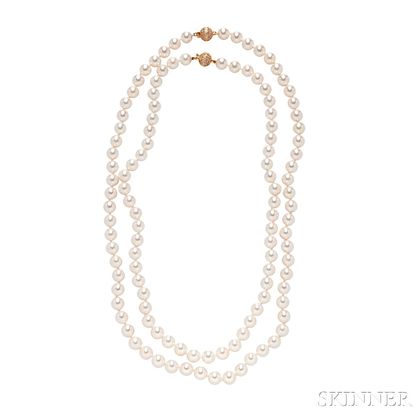 Two 18kt Gold, Diamond, and Cultured Pearl Necklaces