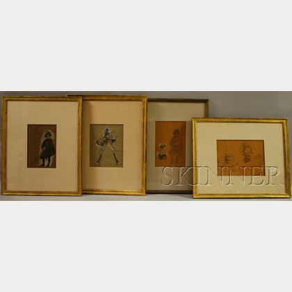 Lot of Four Framed Drawings of Baroque Figures by Charles Constant Hoffbauer (American, 1875-1957)
