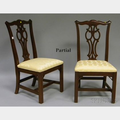 Set of Six Ethan Allen Chippendale-style Ivory Damask-upholstered Cherry Dining Chairs. 