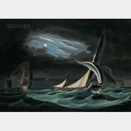 Attributed to Ernest Poulson (British, fl. 1836-1865) Nighttime Encounter with Smugglers off the Isle of Thanet