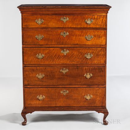 Tiger Maple Tall Chest of Five Drawers