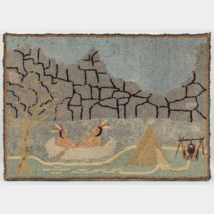 Pictorial Hooked Rug with Native Americans and the Old Man of the Mountain