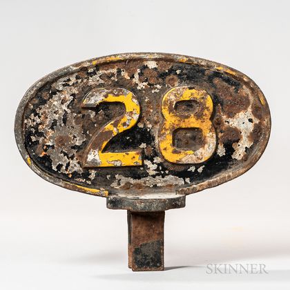 Two-sided Painted Cast Iron Railroad Mile 28 Marker