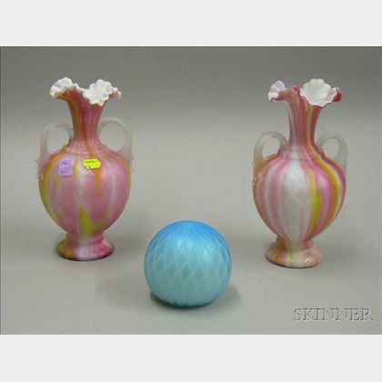 Pair of Victorian Quilted Satin Mother-of-pearl Rainbow Glass Vases and a Quilted Satin Glass Paperweight