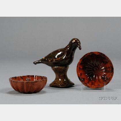 Two Miniature Redware Pudding Molds and a Sewer Tile Pottery Bird Figure