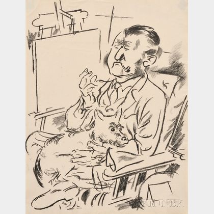 George Grosz (German, 1893-1959) Selbstbildnis mit Hund vor der Staffelei