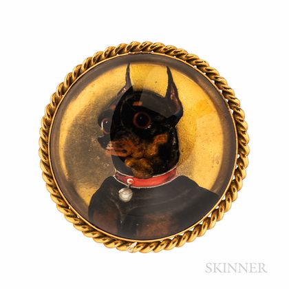 Antique 18kt Gold and Reverse-painted Crystal Miniature Pinscher Brooch