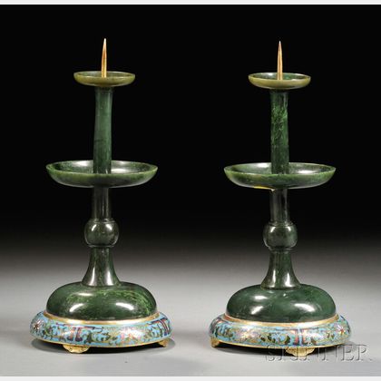 Pair of Jade Candlesticks on Cloisonne Stand
