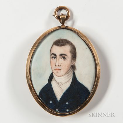 Attributed to Charles F. Berger (act. Philadelphia, Mid-19th Century) Miniature Portrait of a Gentleman in a Blue Jacket