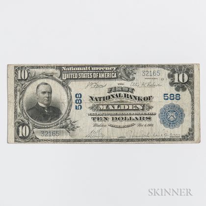 1902 The First National Bank of Malden Plain Back $10 Note