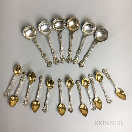 Twelve Tiffany & Co. Sterling Silver and Vermeil Demitasse Spoons and Six Whiting Manufacturing Sterling Silver Bouillon Soupspoons