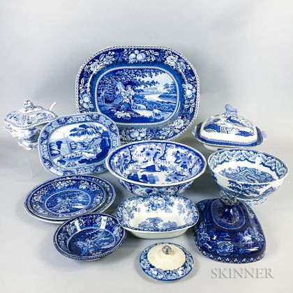 Twelve Pieces of Staffordshire Blue and White Transfer-decorated Tableware. Estimate $200-250