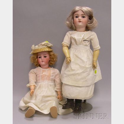 Two German Bisque Dolls in White Dresses